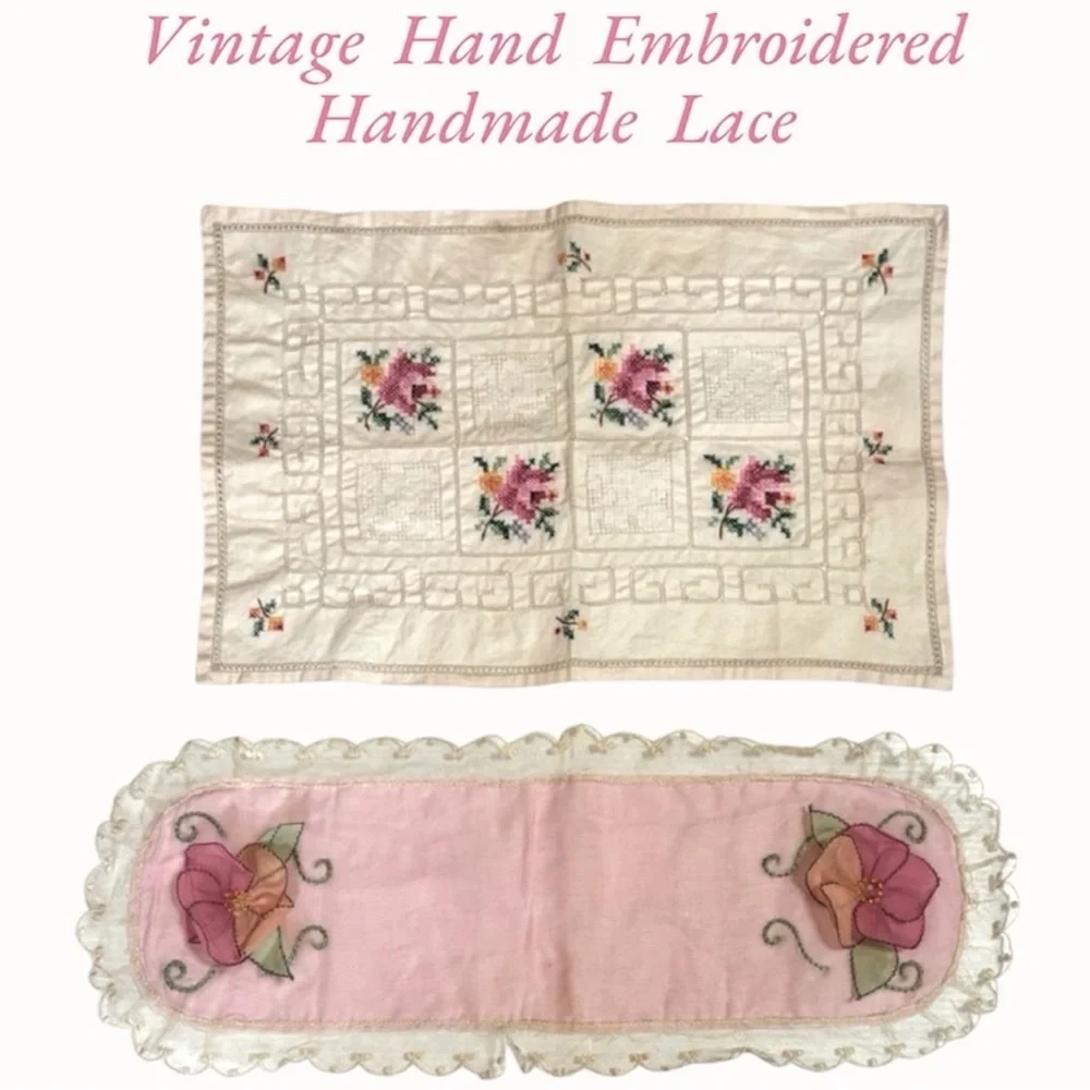 Vintage Embroidered Doily Hand Embroidery Hand Crafted Antique Lace Linen Floral